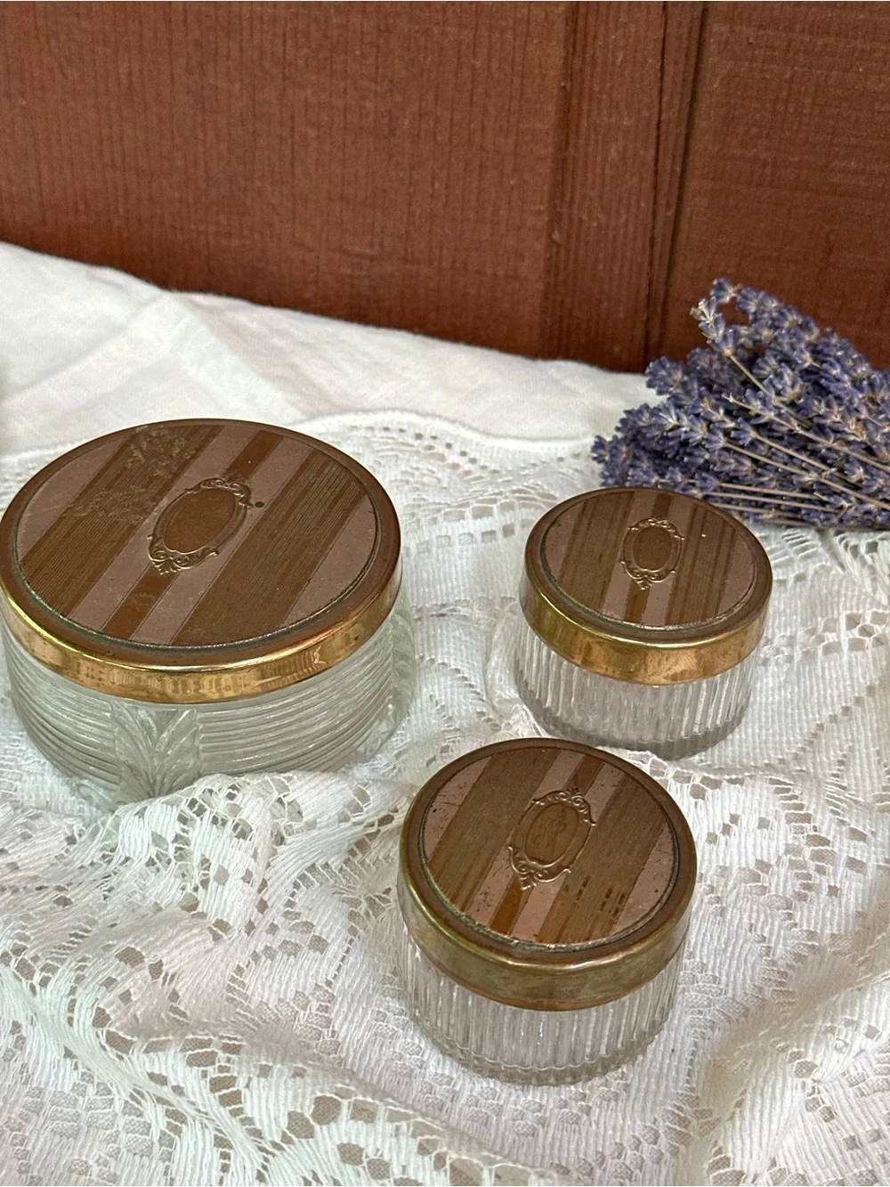 3-Piece Ribbed Clear Glass Vanity Powder Jar Set w/ Gold Tone Metal Lids
